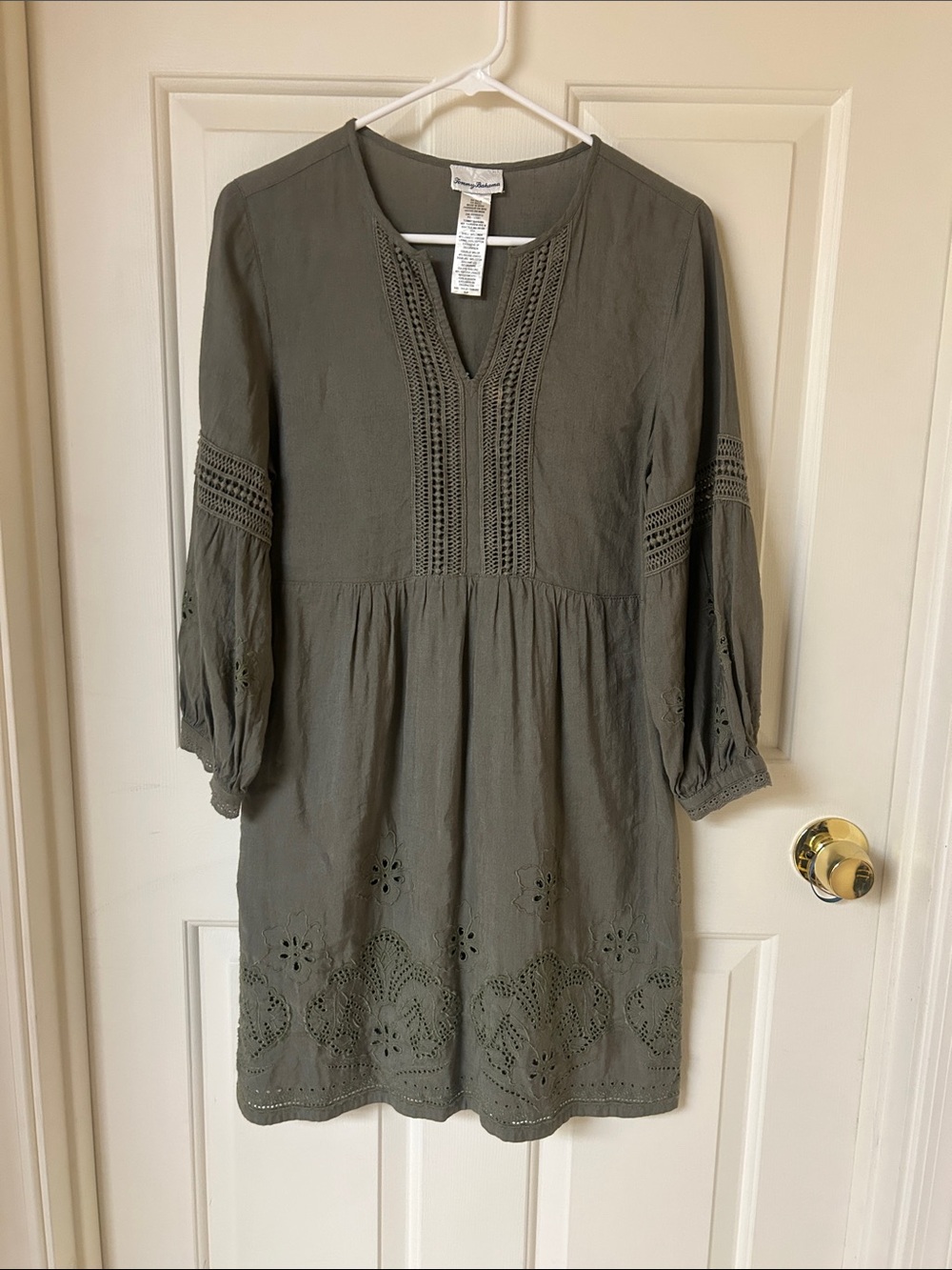 Tommy Bahama Olive Green Eyelet-Trim lined Mini Dress